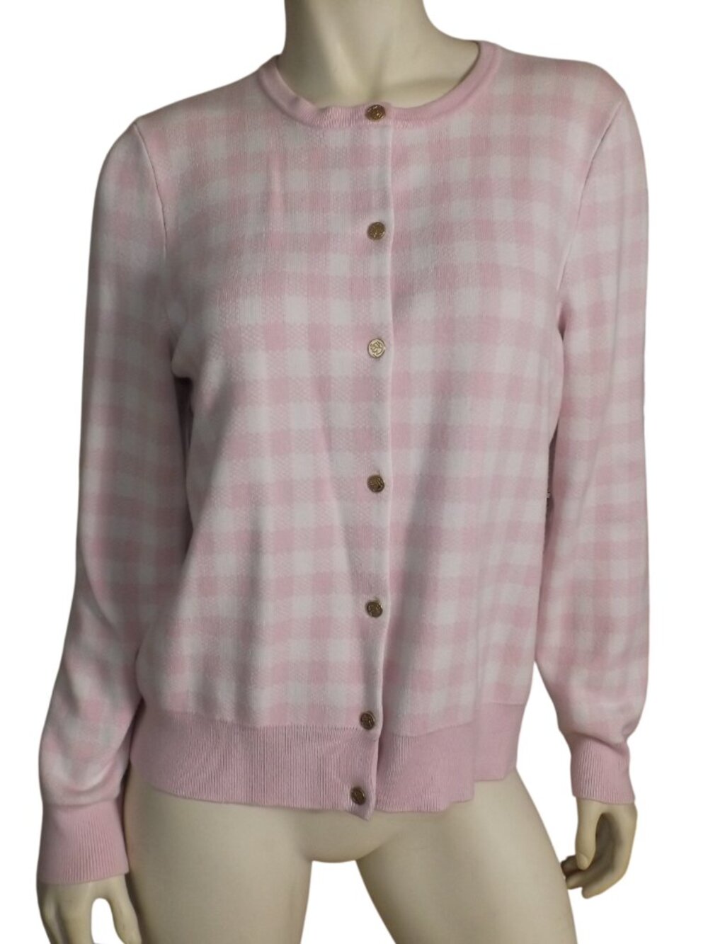 DRAPER JAMES Cardigan Sweater, L, Pink/White Gingham, Button front, Washable